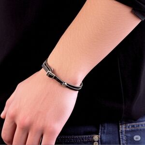 Forever 21 Men Faux Leather Black Belt Wrap Bracelet with Silver Buckle